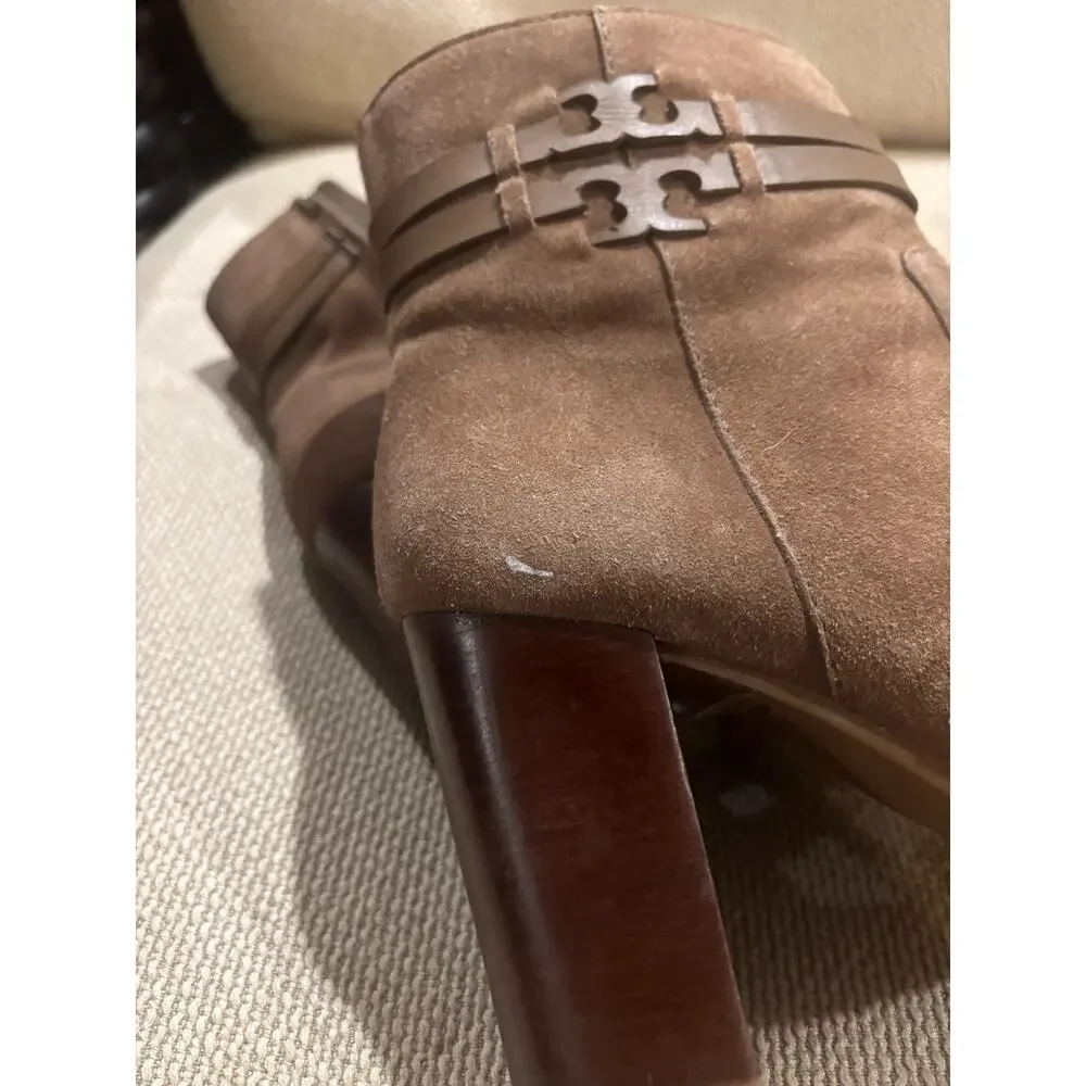 Tory Burch Suede Turnlock Ankle Boots Booties Tan Camel Double T Logo Sz 8.5